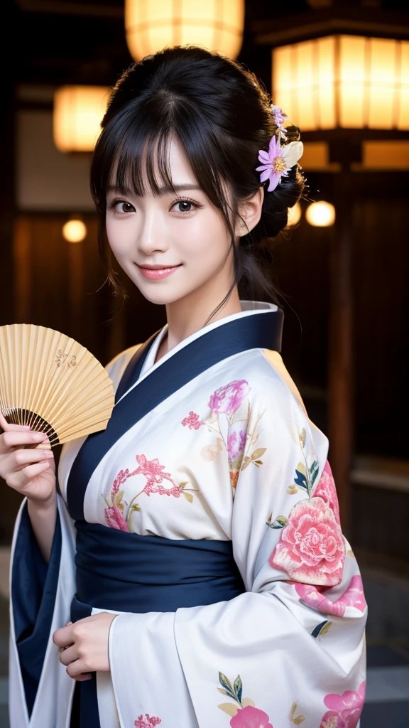 (Super beautiful woman in kimono)、((highest quality、8K masterpiece:1.3))、sharp focus:1.2、(super beautiful face:1.0)、(shiny skin:1.0)、realistic pictures、black hair、video lighting、High resolution eyes and face、video lighting、japanese actress、from the front、with a happy smile、whole body、wearing a kimono、in Kyoto、(luxury obi)、with a fan、Fireworks Display