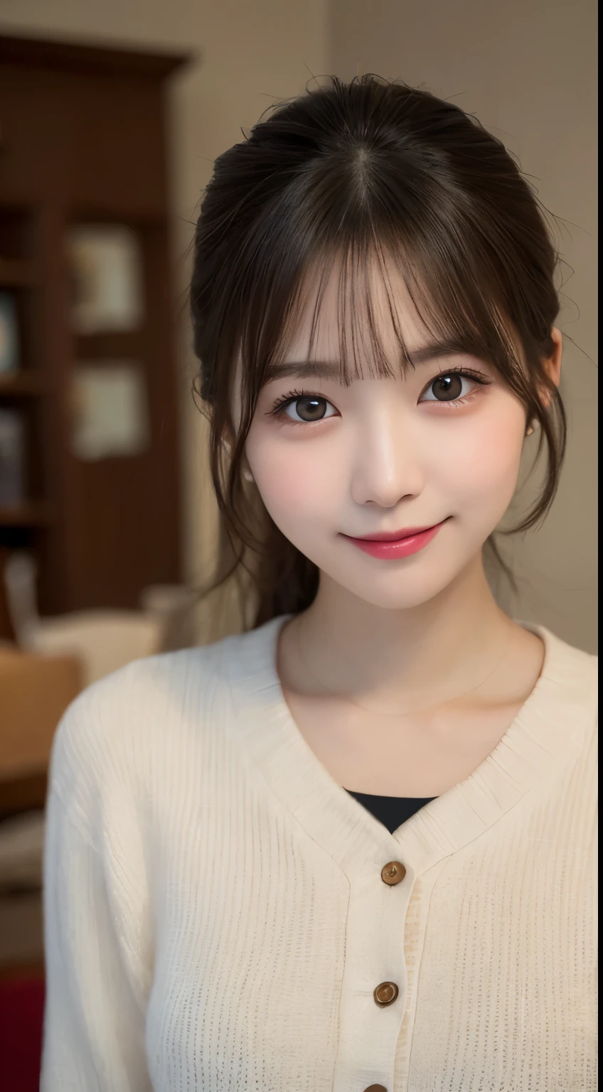 Tabletop, Highest quality, shape, Very detailed, finely, High resolution, 8k wallpaper, 完璧なダイナミックな構shape, Beautiful and detailed,ランダムなcute髪,,Natural color lip,20-year-old girl、cute、Always blur the background,Perfect and beautiful face,Slim face and figure,Big eyes、Putting on gal makeup,Small face,Shooting from below、smile,Blurred Background,Elegant feminine face、smile、Office Fashion