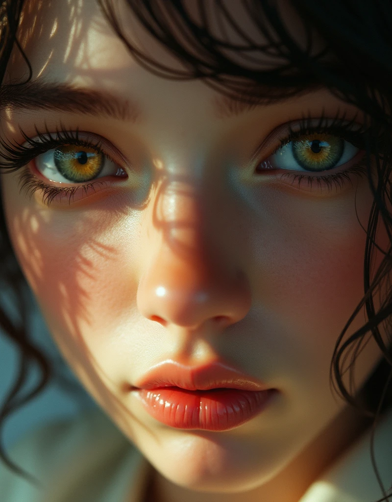 close up, Olive eyes,Detailed eyelashes, exquisite, sparkling reflections, An emotional gaze, Crystal clear eyes, Express emotions, Highly concentrated, Attractive appearance, A powerful symbol, , Sunshine Warmth, The art of transcendence, Dynamic Synthesis, Nice atmosphere, Soft lighting, Vibrant colors, Movie quality, Fascinating realism, Well presented, High-resolution masterpiece, Realistic portraiture, Realistic details, Emotional Depth, Surrealist Interpretation, Close connection, Inner Fragility, Deep storytelling, A poignant narrative, The essence of memorable, Solitary Contemplation, Timeless elegance, exquisite的触感, Fragile beauty, Pain and Grace, Purity of human emotions, Powerful visuals, Stunning images.