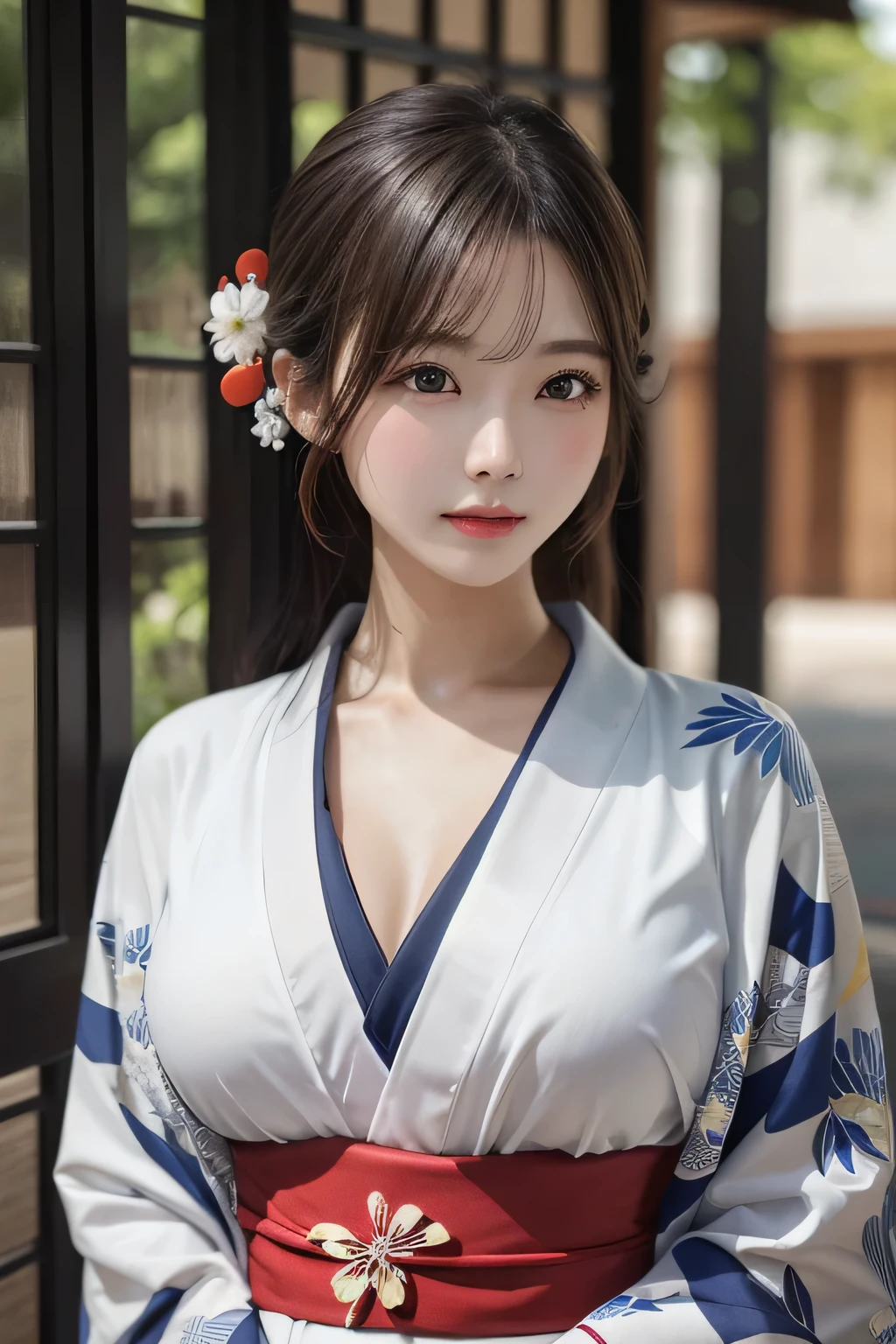One Girl, 1 person,Highest quality,High resolution,超High resolution,8k,Realistic,Upper Body,encounter_audience,Large Breasts, the body is slim,(Kimono 1.2)