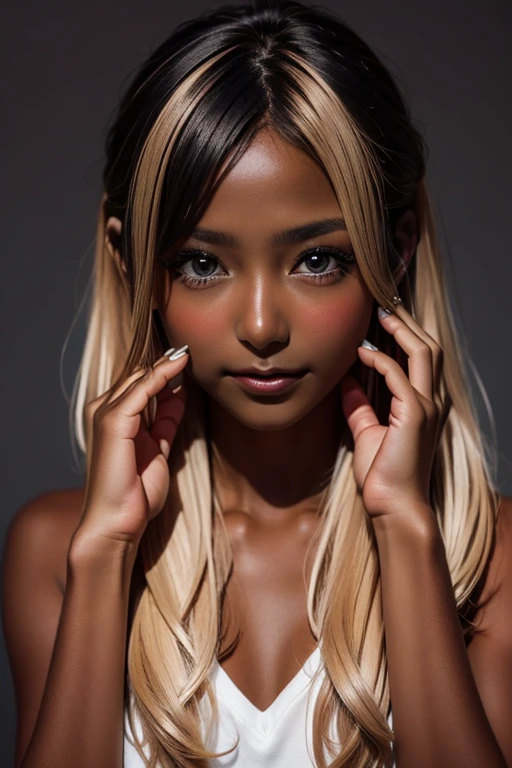 one girl, ((( incoming kiss )))、Put your hand over your mouth、Beautiful breasts、 Brown eyes, ((Gal Hairstyles)) blonde, girl, (Eye and facial details:1.0), break, (masterpiece, Highest quality, Very detailed, Detailed face, 8k),( dark skin:1.95 )