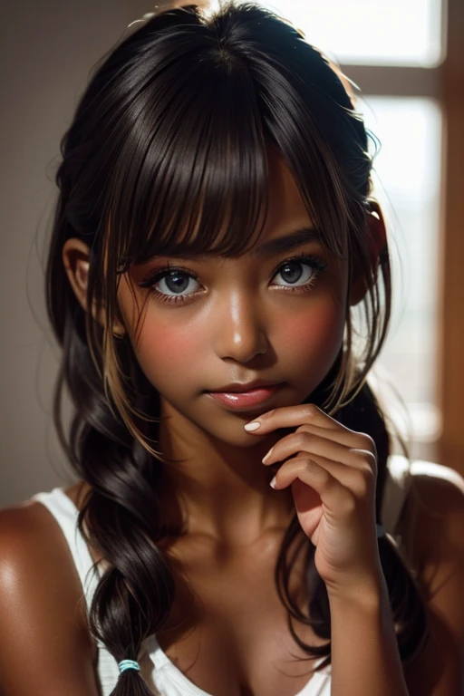 one girl, ((( incoming kiss )))、Put your hand over your mouth、Beautiful breasts、 Brown eyes, ((Gal Hairstyles)) blonde, girl, (Eye and facial details:1.0), break, (masterpiece, Highest quality, Very detailed, Detailed face, 8k),( dark skin:1.95 )