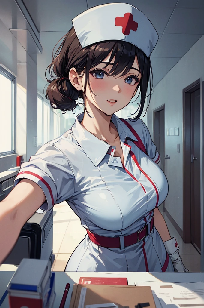 ((masterpiece, 最high quality, high quality)),One girl, Beautiful mature woman,(hospital), clinic (nurse_uniform_length_3, gloves, nurse cap, nurse,),erotic,Excited