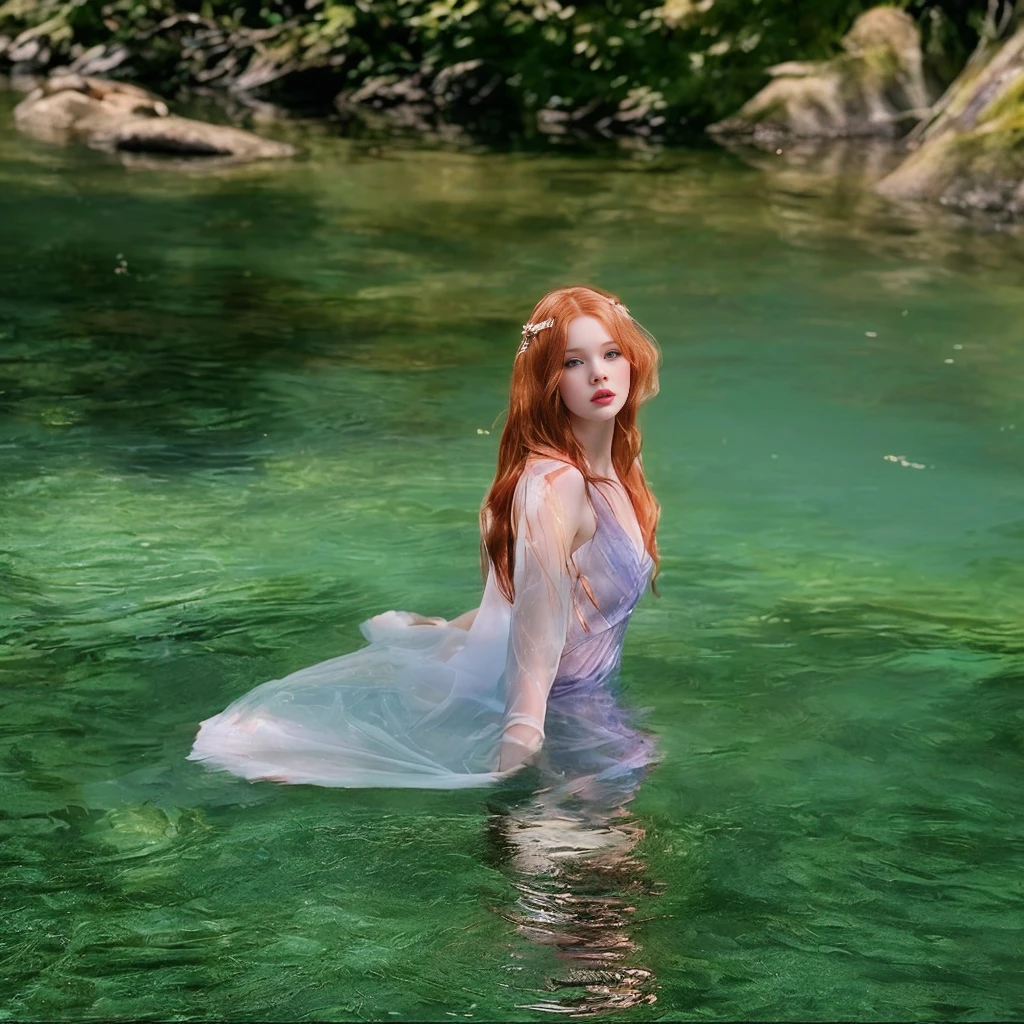 there is a woman in a dress in water with a net, nymph in water, hada ellie bamber, water fairy, ethereal beauty, in water, in a lake, a stunning young ethereal figure, ethereal and dreamy, in water, many Merlot, ethereal fairy tale, a frame of an ethereal, ophelia, in water up to her shoulders