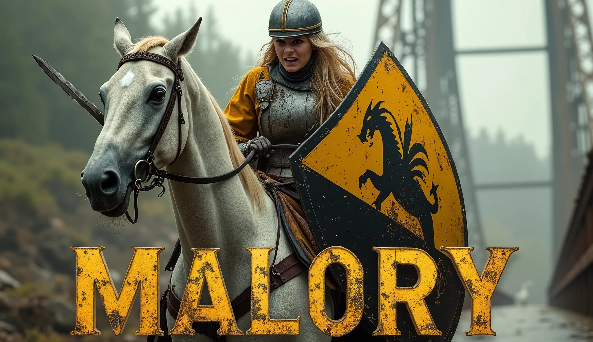 A action movie poster depicting a proud woman riding a running horse, brandishing a sabre, and carrying a ((large yellow and black shield with black dragon painted)), damaged by fighting. (medieval battered light armour & helmet, very battle-damaged, yellow and black coat of arms), steel gloves. She has white pale skin and really long blond hair. (She's angry, clenching teeth, on a lift bridge with the words "Malory" written in large golden letters in the foreground).