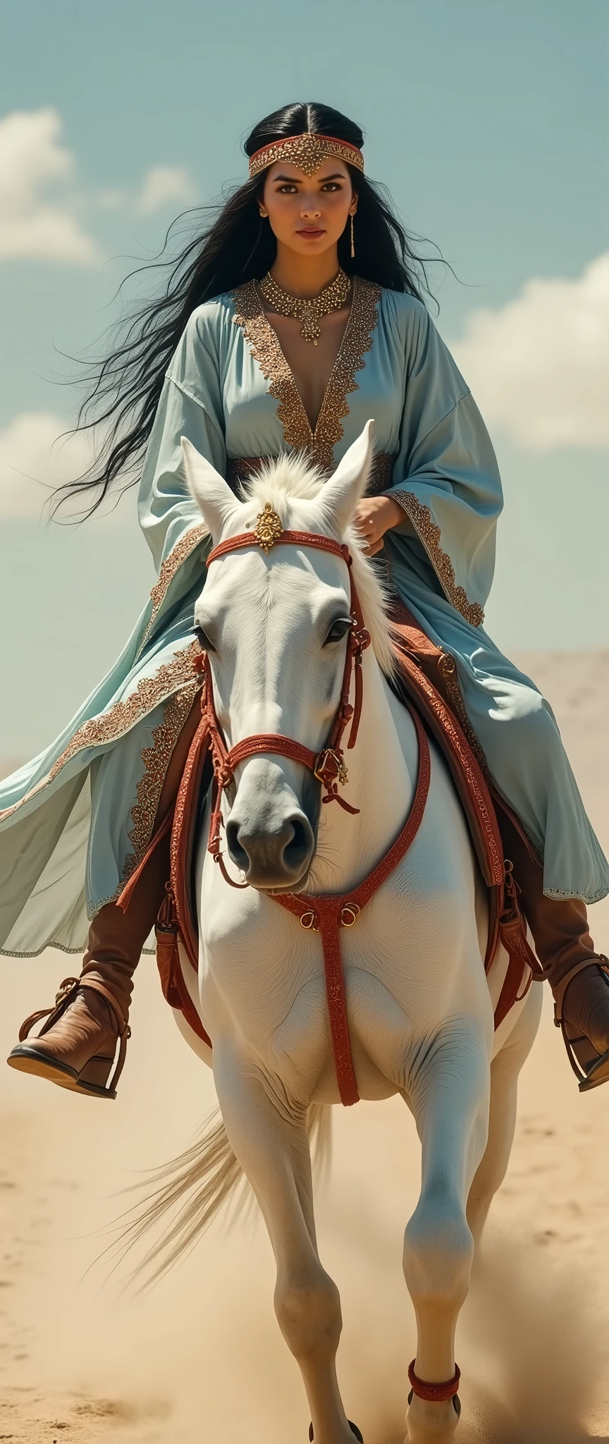 Woman ride White horse, harness, red bridle, hand hold red reins , red saddle, stirrup , running sand ride White horse,Front view , exotic Persian girl is 20 years old, (Black hair ,long hair, Brown eye, Her eyes were outlined with kohl:1.3) , little Lips, serious, head band jewel), (big breasts, wide hip), (She wore a knee-length  light blue gorgeous design gown adorned with intricate embroidery, complemented by gold bangles and necklaces. A second, longer shawl covered her head and shoulders, framing her face like a white see-through veil), ((Surrealism, Verism, UHD, retina, masterpiece, anatomically correct, accurate, textured skin, super detail, high details, high quality, best quality, highres, 8k))
