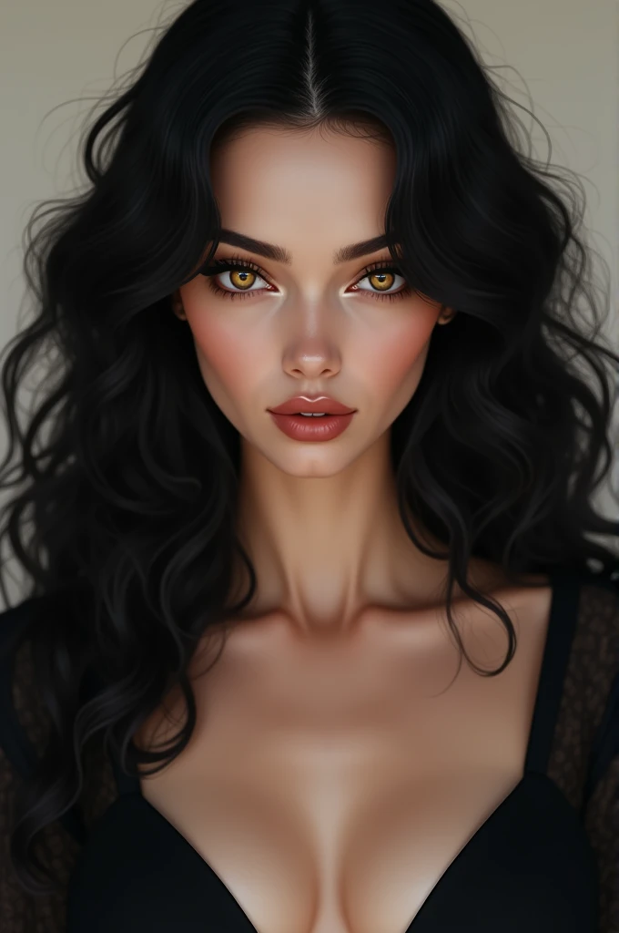 Woman with a symmetrical face, gold eyes, medium thin eyebrows, long black curly hair, long eyelashes, challenging look and full lips
