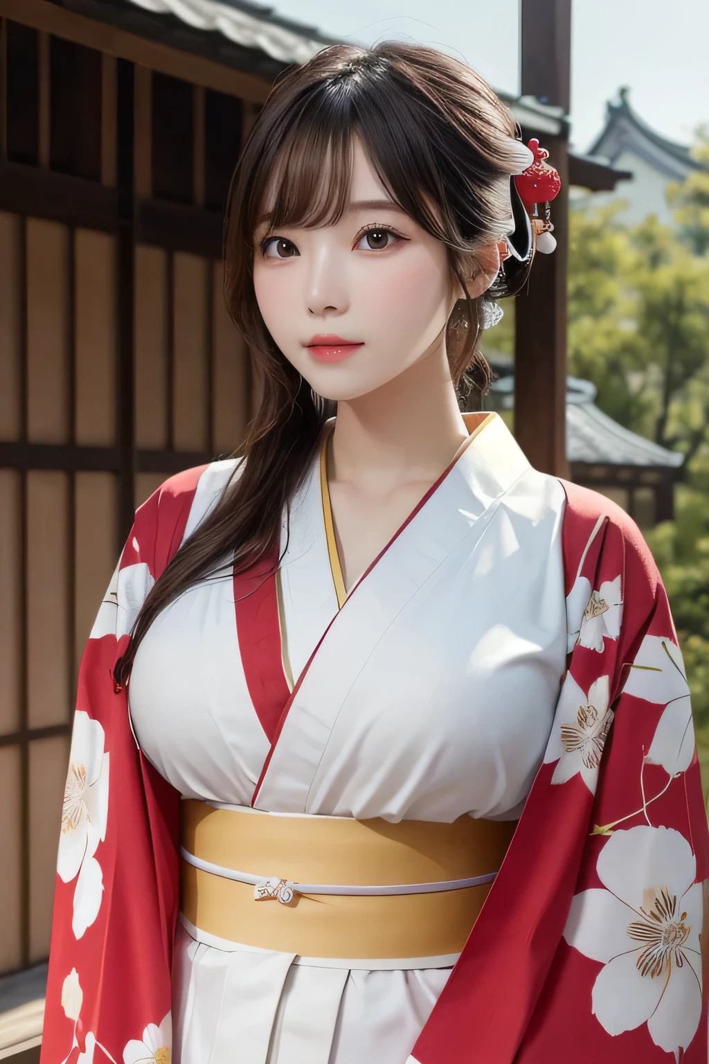 One Girl, 1 person,Highest quality,High resolution,超High resolution,8k,Realistic,Upper Body,encounter_audience,Large Breasts, the body is slim,(Kimono 1.2)