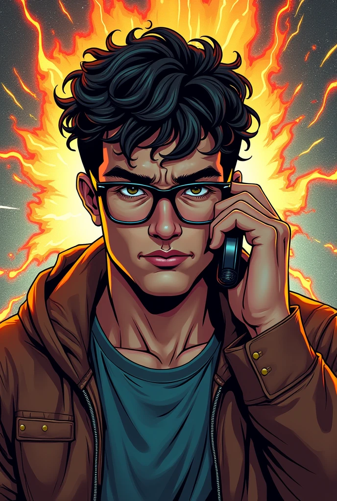 Generate a dark-haired man with short curly hair, square glasses and a cell phone answering a cell phone in a HQ CARTOON MARVEL COMIC MAGAZINE style