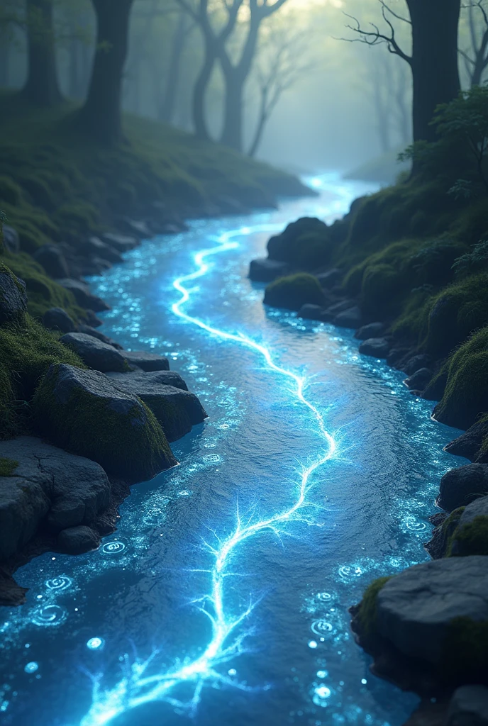 river of mercury materialized composed of ethereal water droplets. Each droplet was adorned with intricate, interconnected symbols.