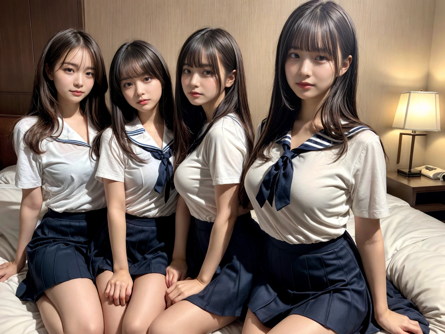 masterpiece, best quality, illustration, Super detailed, fine details, High resolution, 8K,wall paper, perfect dynamic composition,(Details High quality, realistic depiction of eyes:1.3), (3 girls), Black Sailor Uniform, serafuku, Navy pleated skirt, sitting, open legs, short bob hair, in a hotel room in the background, deep on field, large breasts, black hair color, Big Natural Color Lip, (perfect body shape), crying a little、Harajuku style、20 year old girl、cute type、beautiful legs, Gravure Idol