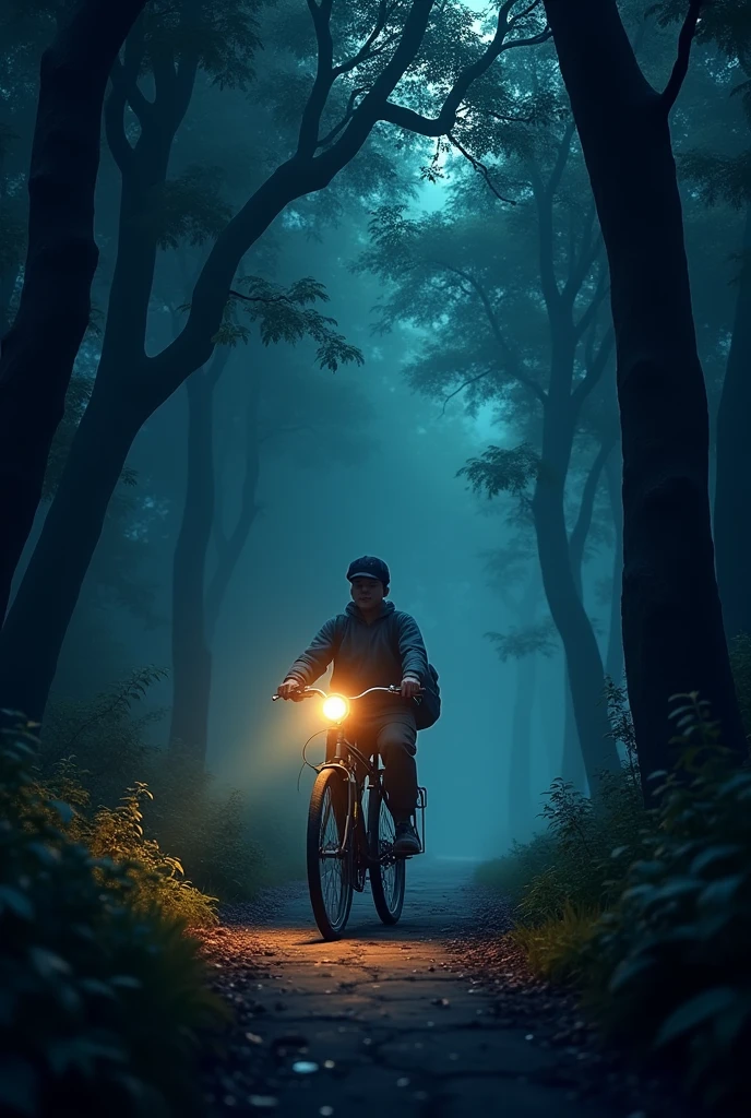 Delivery boy with bike night in forest