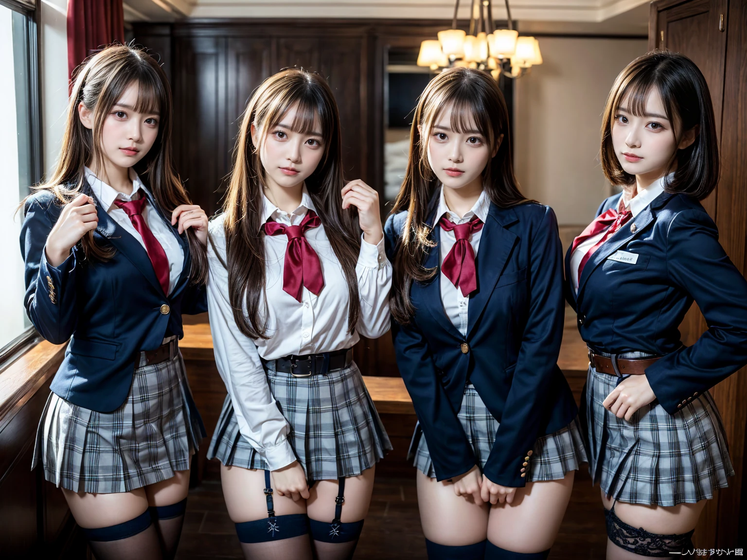 (8K, Raw photography, top-quality, ​masterpiece:1.2), master piece, best quality, illustration, Super detailed, fine details, High resolution, 8K,wall paper, perfect dynamic composition,(Details High quality, realistic depiction of eyes:1.3), ((2 girls, 2 girls)), The background is a luxury hotel room、High school girl uniform、blazer 、Super Short Check Uniform Skirt、Navy blue high socks、garterbelts、Colossal tits、Disturbed uniform, Play with each other,Touching each other's bodies,Touching the body of the girl next door, short bob hair, black hair color, huge breasts, Big Natural Color Lip, bold sexy pose, (perfect body shape), crying a little、cold gaze,  Beautiful makeup,glitter makeup,Cutest 1, beautiful legs, hposing Gravure Idol, Voluptuous thighs