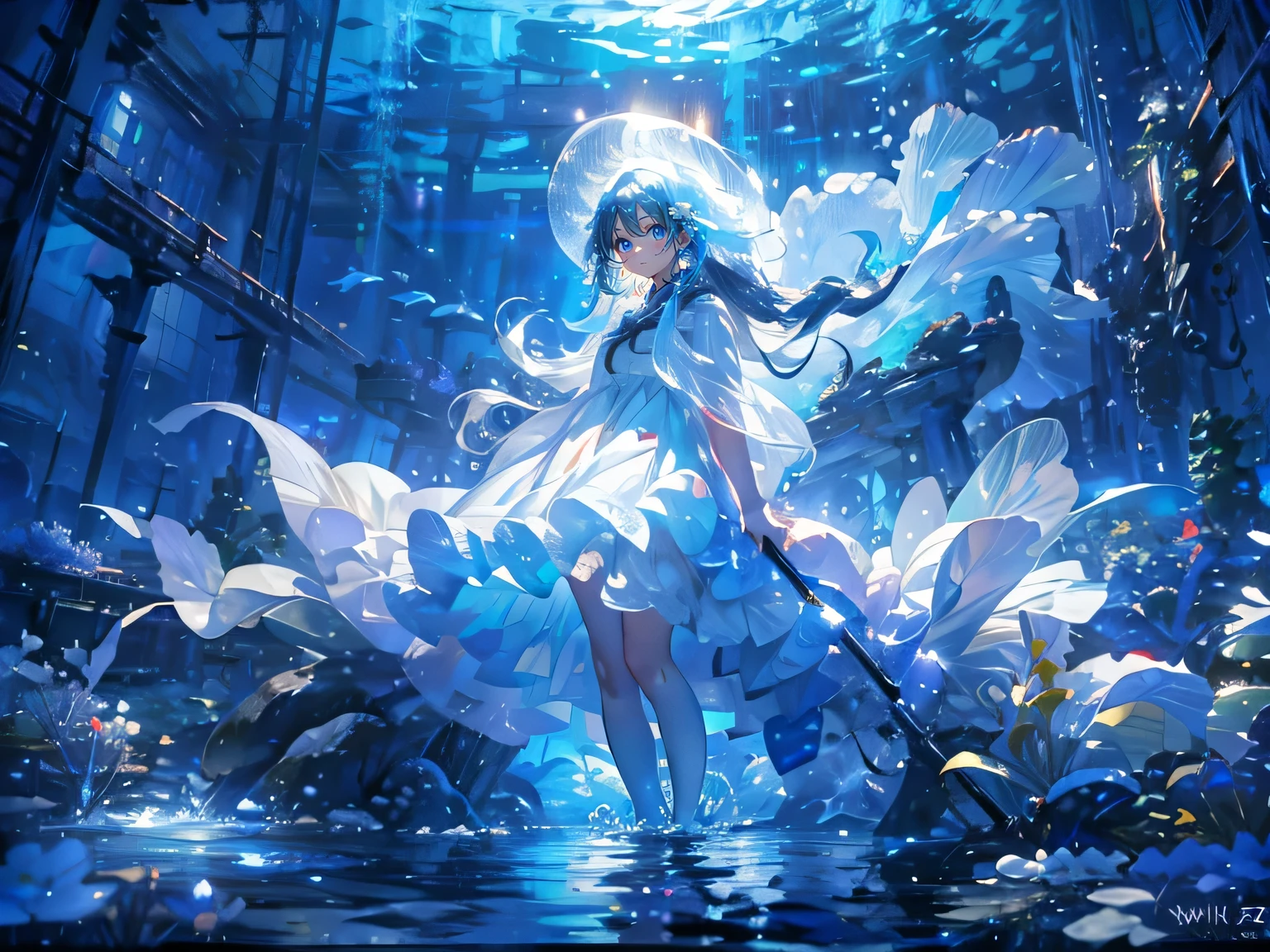 (masterpiece), (best quality), Very detailed、1 girl、Perfect face、(Full body photography:1.3), Very detailedな顔、(Long white hair:1.5)、(blue eyes:1.4)、(In the water:1.4)、(White Dress:1.5)、ocean、Coral Reef、Small schools of fish、Light、bubble、jellyfish、ocean藻、(深ocean:1.4)、fantasy、ocean底、sink