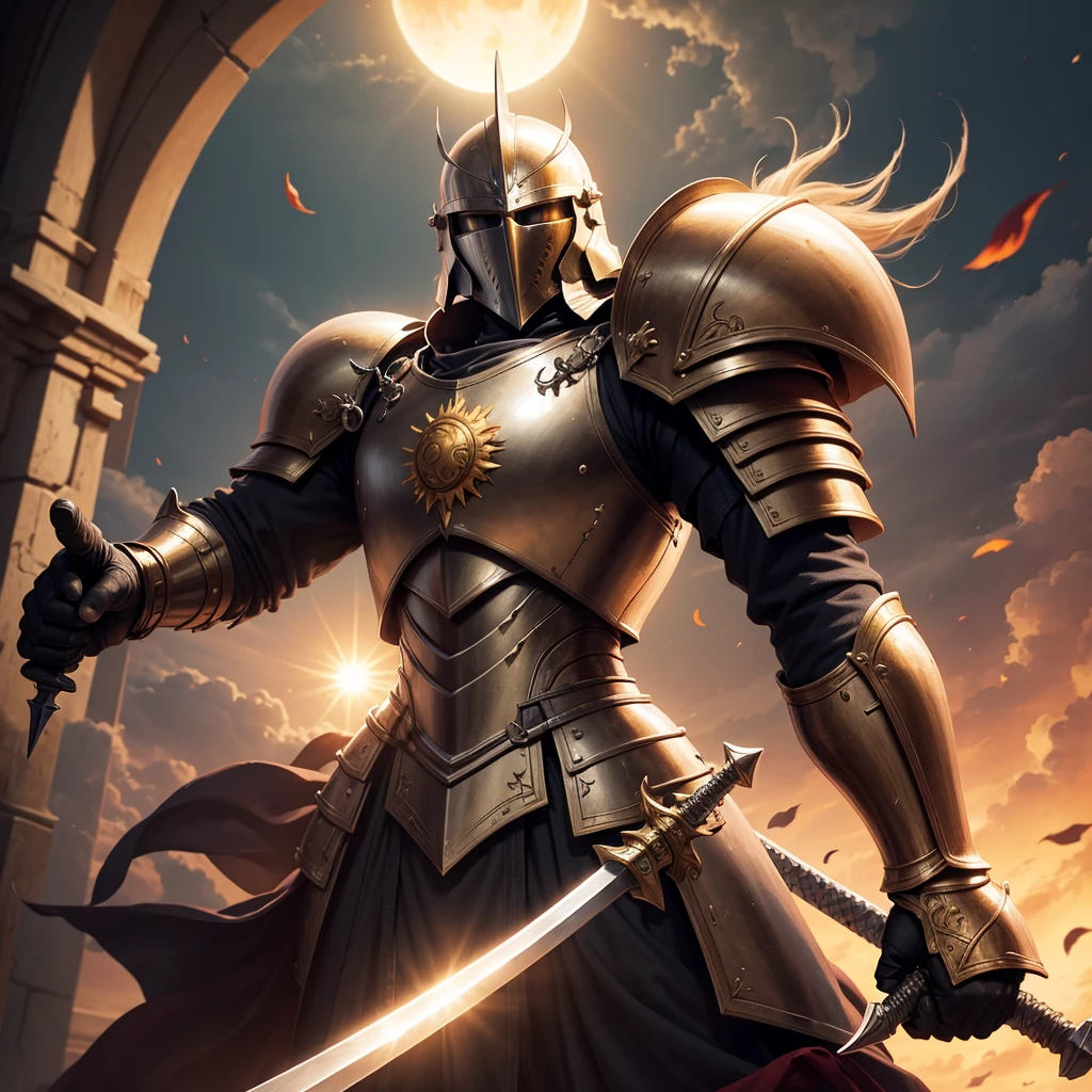 Make a sun knight with his armor and his sword in his hands pointing forward, High details, best qualityer, 