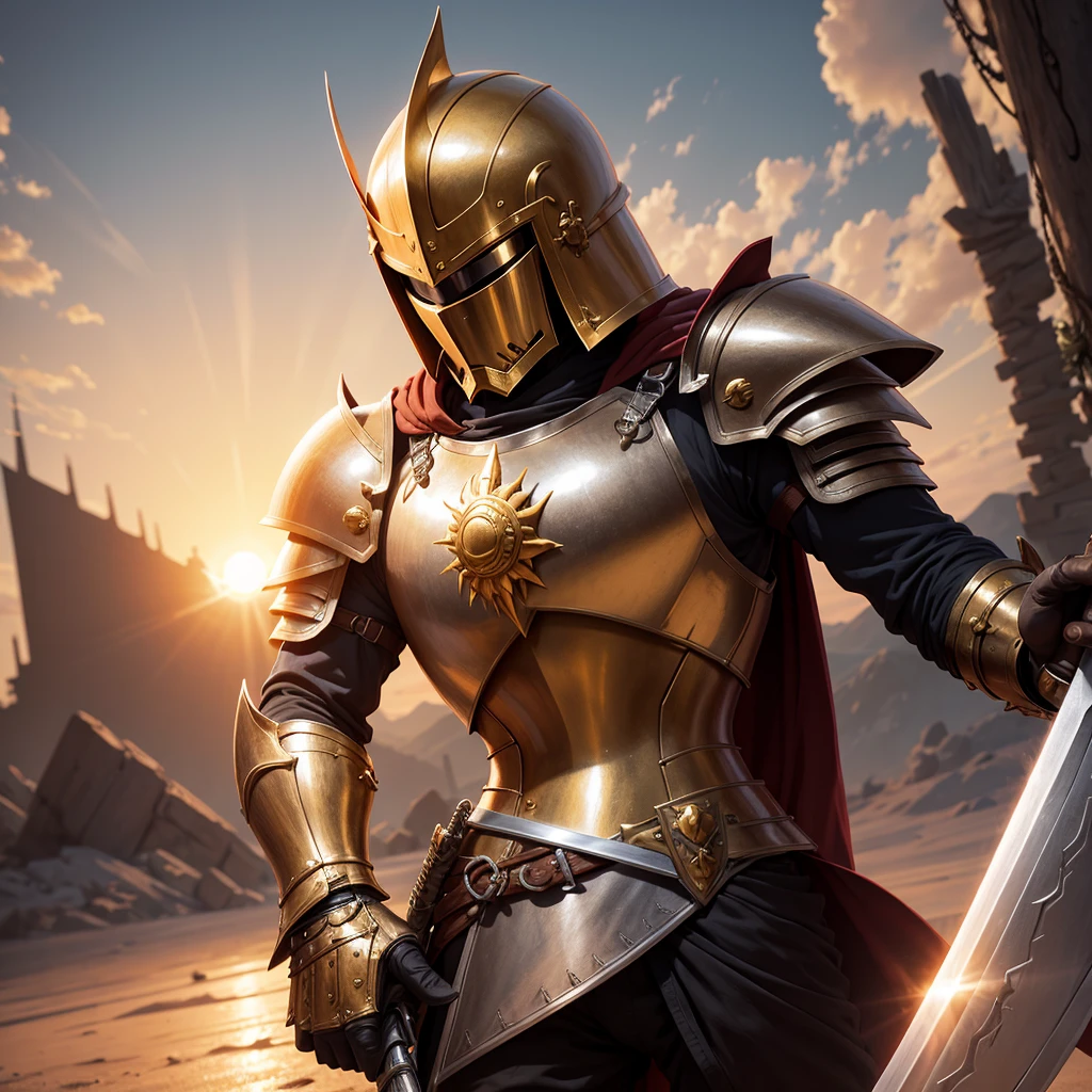 Make a sun knight with his armor and his sword in his hands pointing forward, High details, best qualityer,