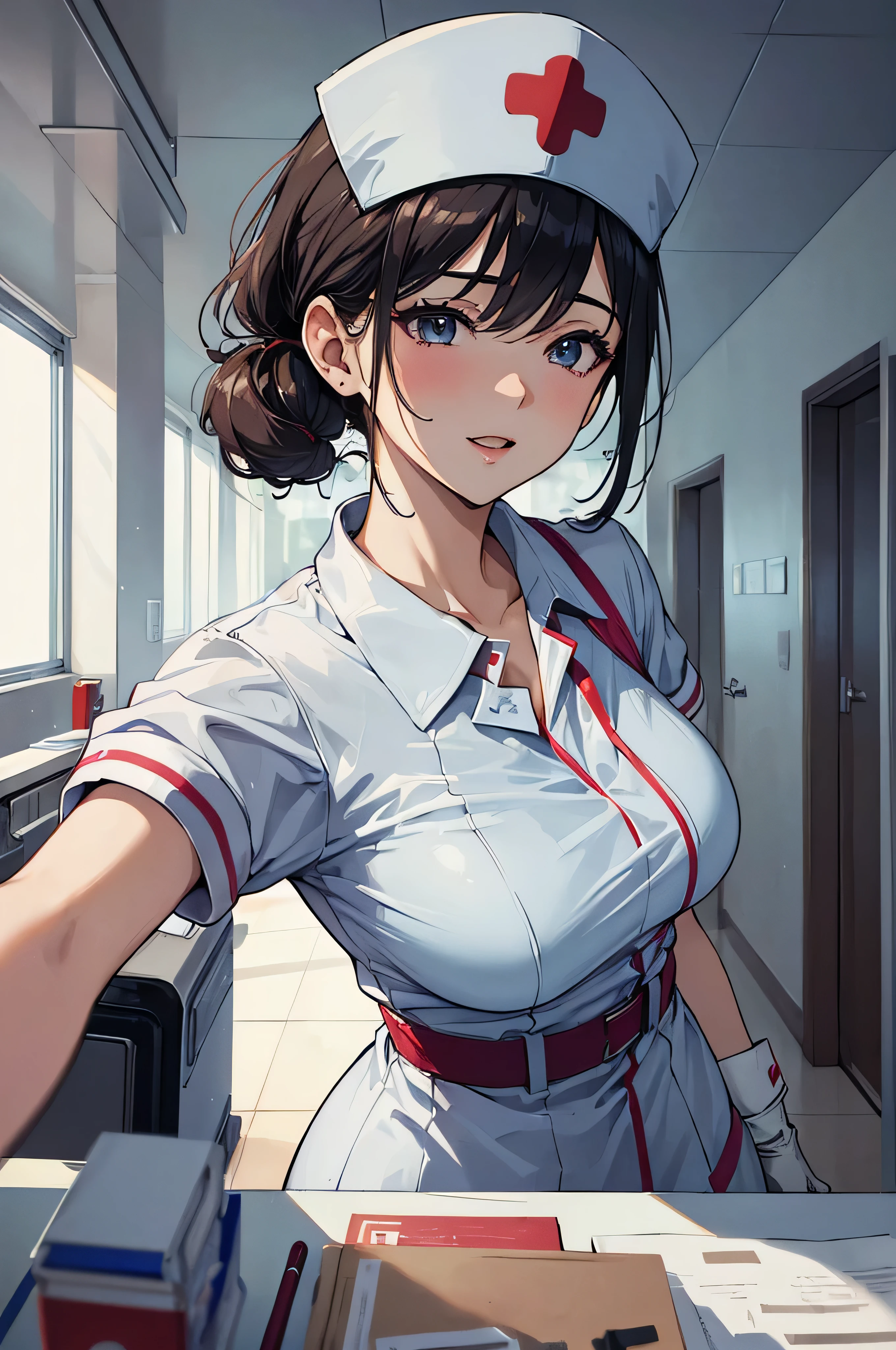 ((masterpiece, 最high quality, high quality)),One girl, Beautiful mature woman,(hospital), clinic (nurse_uniform_length_3, gloves, nurse cap, nurse,),erotic,Excited