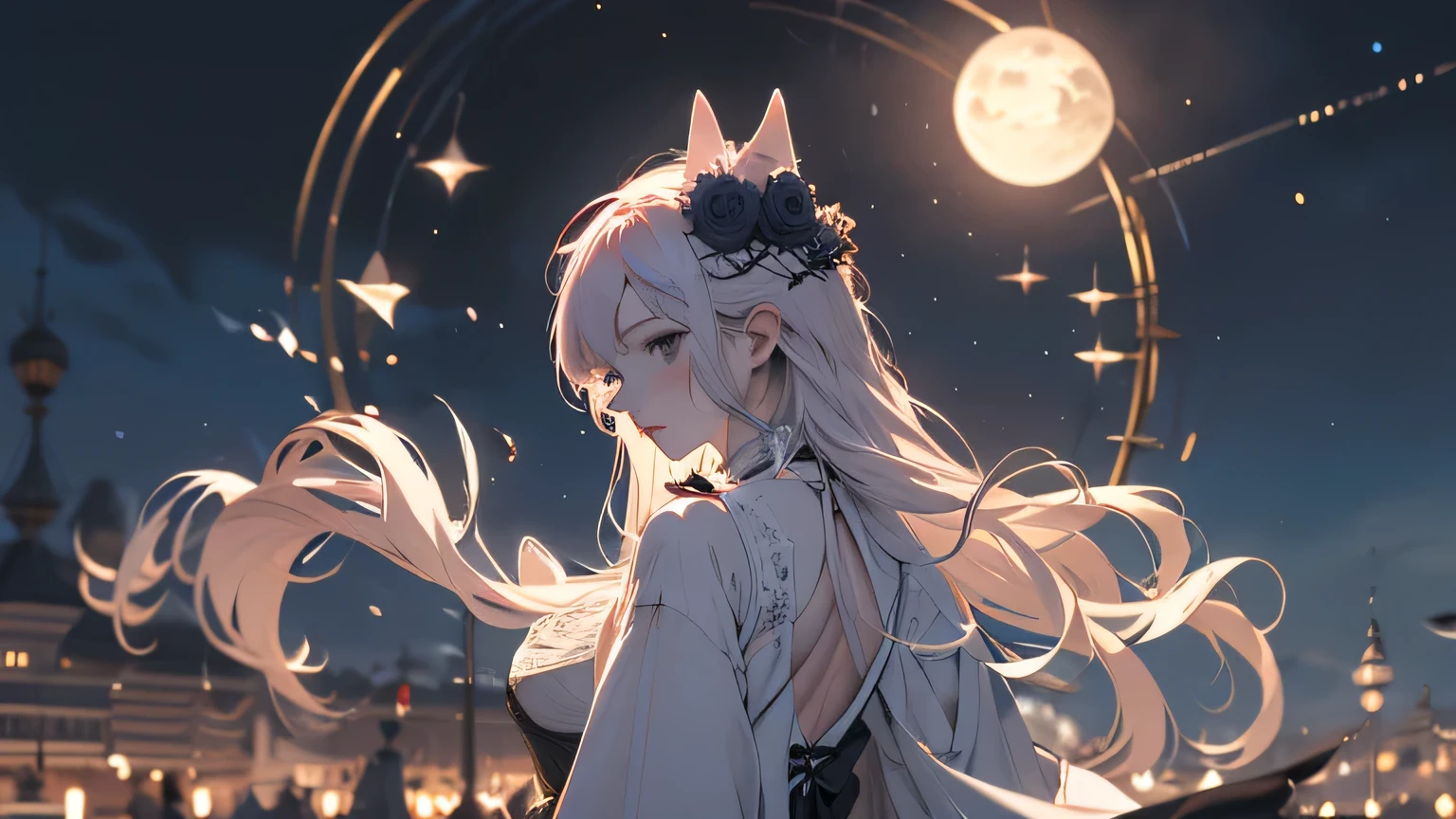 Works of surrealist artists, Her details are meticulously depicted,1 female, Mature beautiful woman,Solitary, Long wavy White hair, White hair, Bangs,Fluffy hair,White cat ears,Heterochromatic purple-pink eyes, Long eyelashes, Thick eyelashes, Shut up,Gothic ta fashion based on noble black、Gothic dress,Gorgeous dress, (Long sleeve:1.2),Delicate lace and ribbons、elegant decoration、I wear a black hat and a purple rose on my head,whole body,Light Particles, Soft lighting, Volumetric Lighting, Intricate details, Finely, dramatic, Movie, best quality, masterpiece, Looking at the audience, Background is purple bright wallpaper,There is a moon on it, Plenty of light,moonlight,From the back,