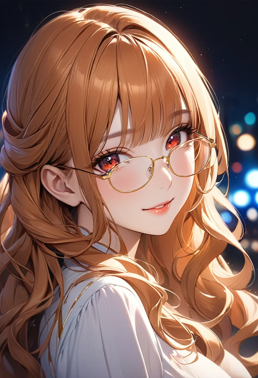 ((best quality)), ((Masterpiece)), (details), 1 woman, big breasts, orange hair, red eyes, ((My hair is very long., long wavy hair)), (Bangs:1.5) , curve, large breasts, huge breasts, beautiful face,  Beautiful skin , Long eyelashes, Thick eyelashes, gold frame glasses, realistic,No smile and charming girl, Look happy, Portrait, ใบหน้าที่มีdetailsมาก, ดวงตาที่มีdetailsมาก, A very delicate and elegant face, Sexy and feminine, movie light, No makeup, Look at the viewer., Night background, face portrait, brightcolors，8k , high-definition，(half-body portrait), Victoria