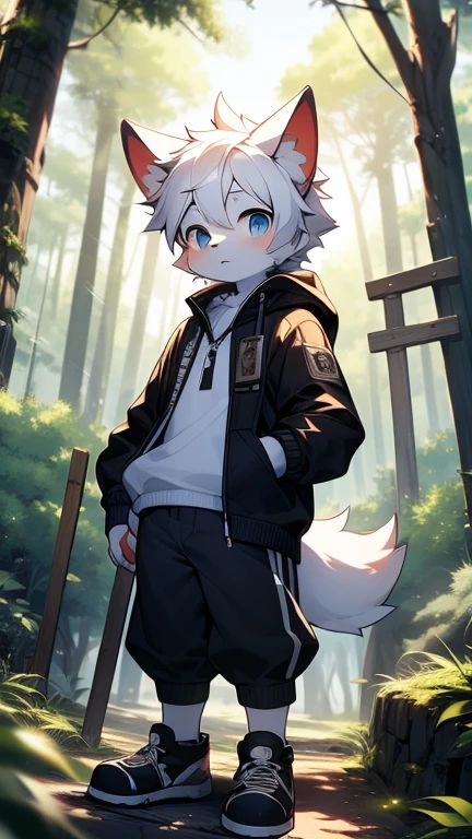 (best quality, Extremely detailed),boy,Furry wolf,Blue Eyes,((Shota)), Black and white hair, fit, Handsome,cute, Light:极致Light影, 反Light皮肤,Reddish skin,The ultimate face,((Worn clothes,Commoner)) ,Black sneakers,((Deep in the forest,Stone road,sign,solo,Alone)),Outdoor sunset,((detail)),(Depth of Field),stand up,full-body shot