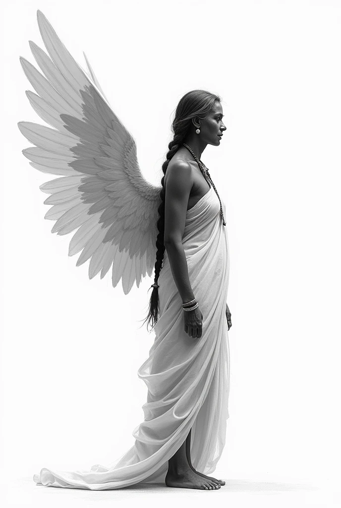 Indian women with single braided hair of age about 53 standing and have white wings back and convert into sketch
Black and white image