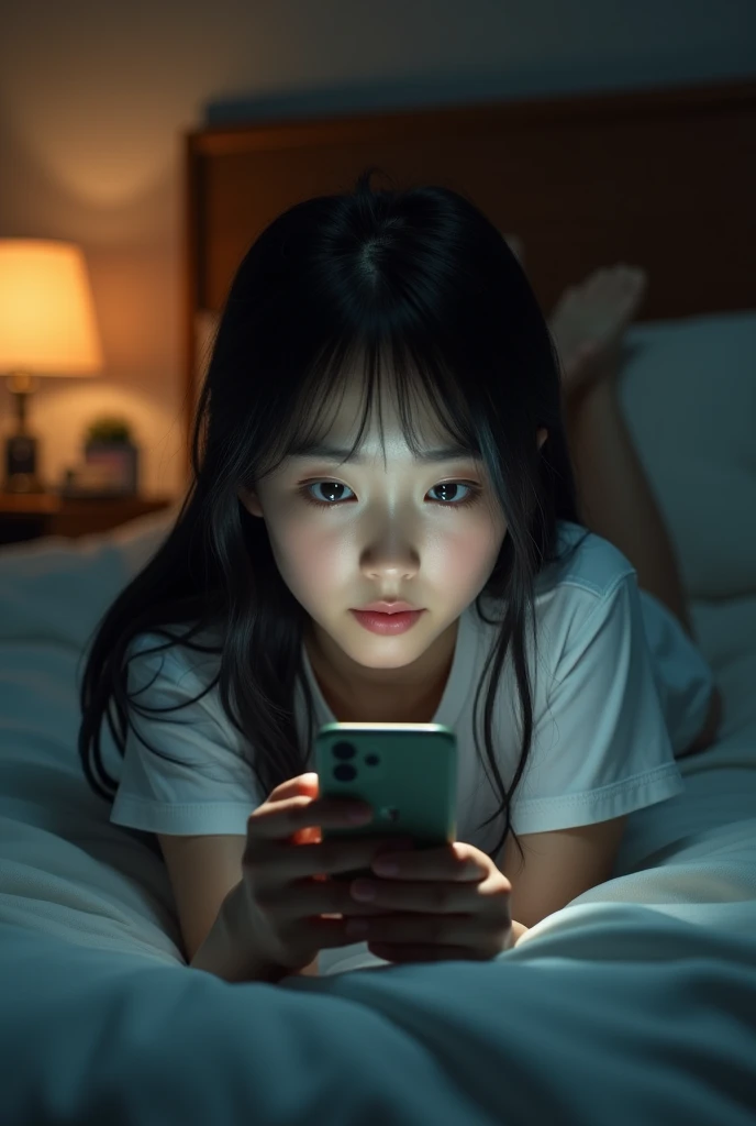 (photorealism:1.2), a girl on the bed, over the shoulder view, focus on smartphone in hand, normal room with dim light