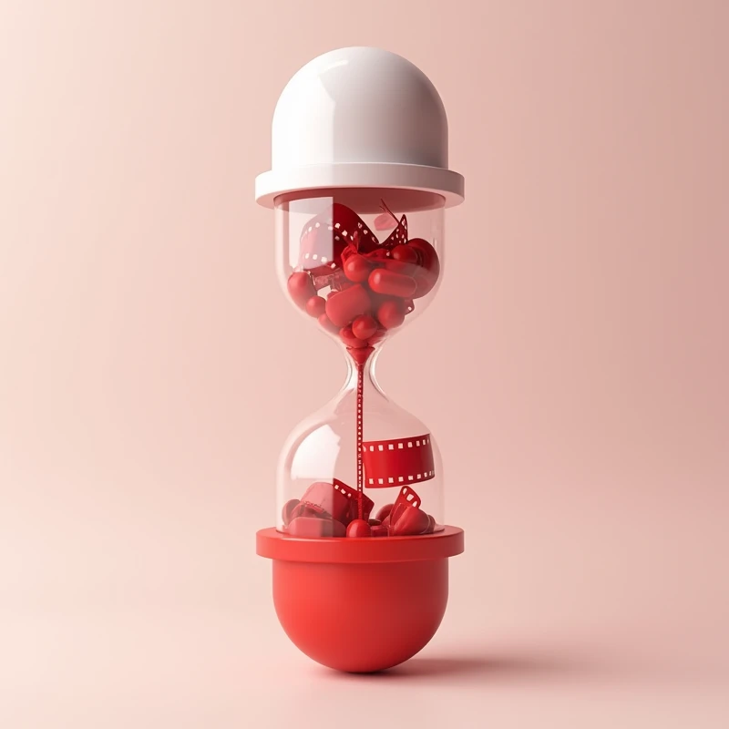 create an empty red and white hourglass in the shape of a medicine capsule, and inside the hourglass there are many rolled up film strips.