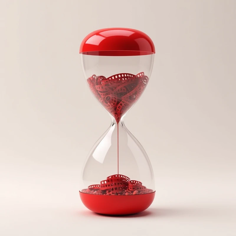 create an empty red and white hourglass in the shape of a medicine capsule, and inside the hourglass there are many rolled up film strips.