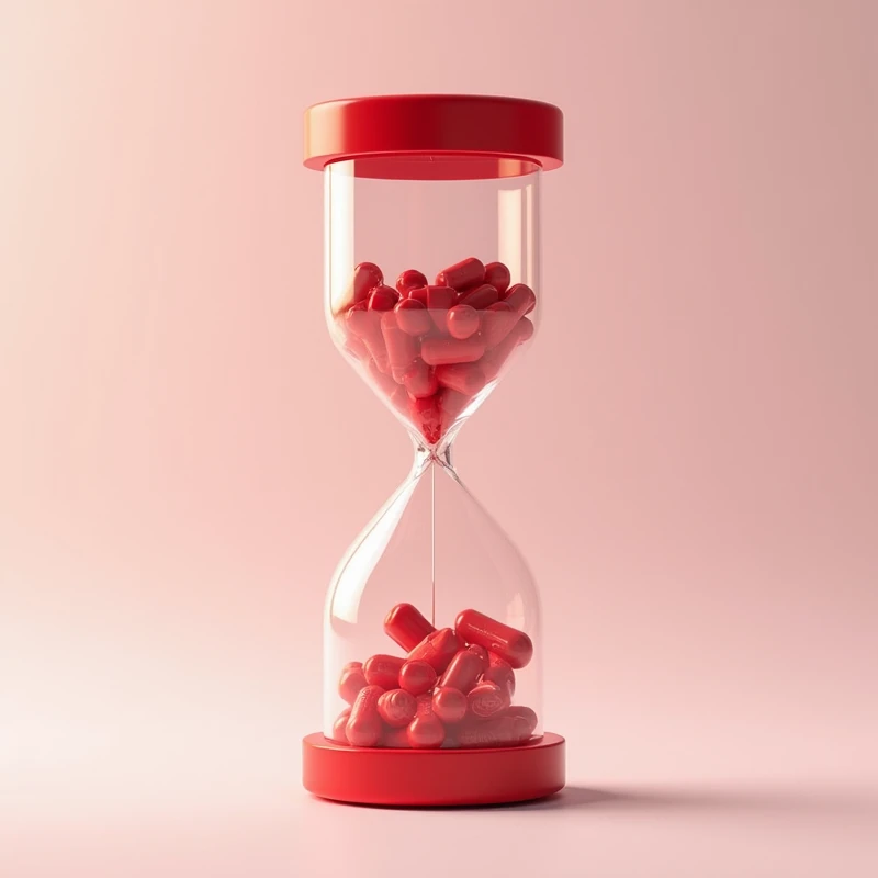 create an empty red and white hourglass in the shape of a medicine capsule, and inside the hourglass there are many rolled up film strips.