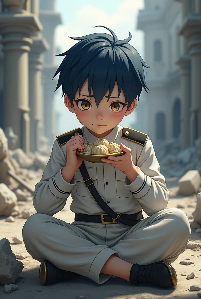Boy, dark blue hair, light yellow eyes, white eyelashes, , wearing white military uniform, face covered in dust, eating dumplings, sitting next to the ruins