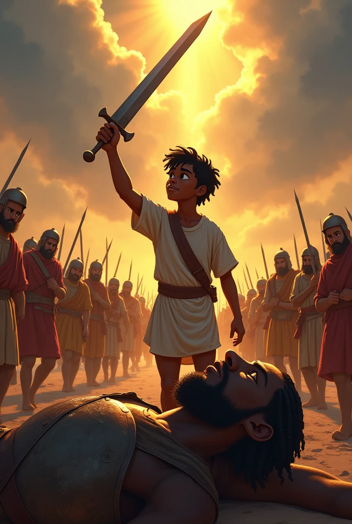 A triumphant scene where young David, a dark-skinned Black teenager, stands victoriously over the fallen body of Goliath. David is holding Goliath's massive sword high above his head, symbolizing his victory. His expression is a mix of relief and exhilaration, with sweat on his brow from the intense battle. Goliath, a towering Black giant, lies defeated on the ground, his bronze armor shattered, and his face frozen in shock. In the background, the Israelite soldiers are running towards David, cheering and celebrating, while the Philistine soldiers flee in fear. The sky, once dark and cloudy, is now breaking with rays of golden sunlight shining down on David, highlighting him as the hero of the day. The scene is vibrant, emotional, and drawn in a Disney-Pixar-inspired style, with rich colors and expressive characters. Disney pixar style animation.