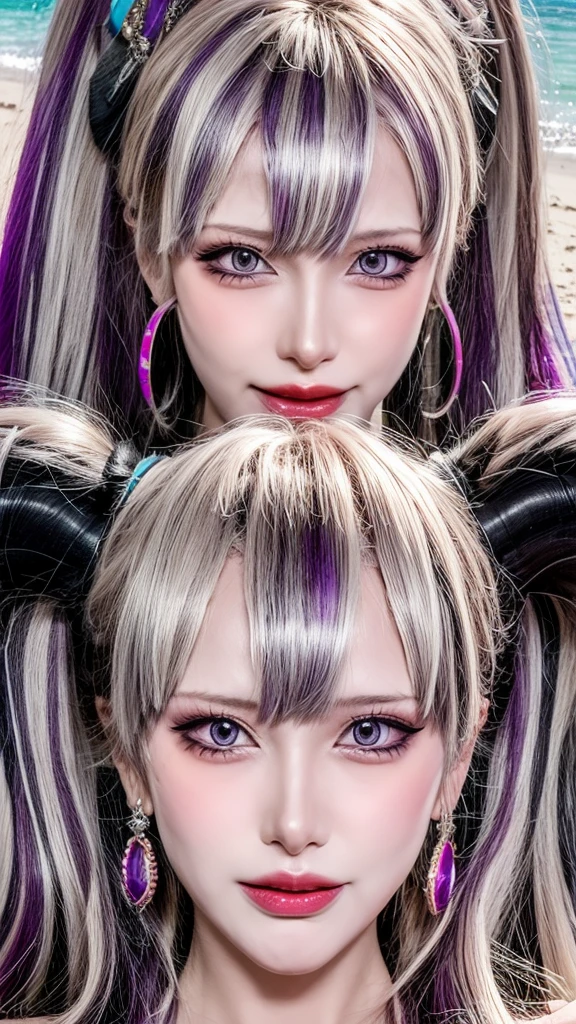 High resolution, ３People Girls, Purple eyes, ponytail, Sticking out tongue, , Highest quality, High-resolution model, Colorful Hair, Large Breasts, Earrings, smile, accessories, Sparkle Effect, abstract, Beach、Pussy line、Seaside Mask, 8k octane, excited, Horns of the beast, 