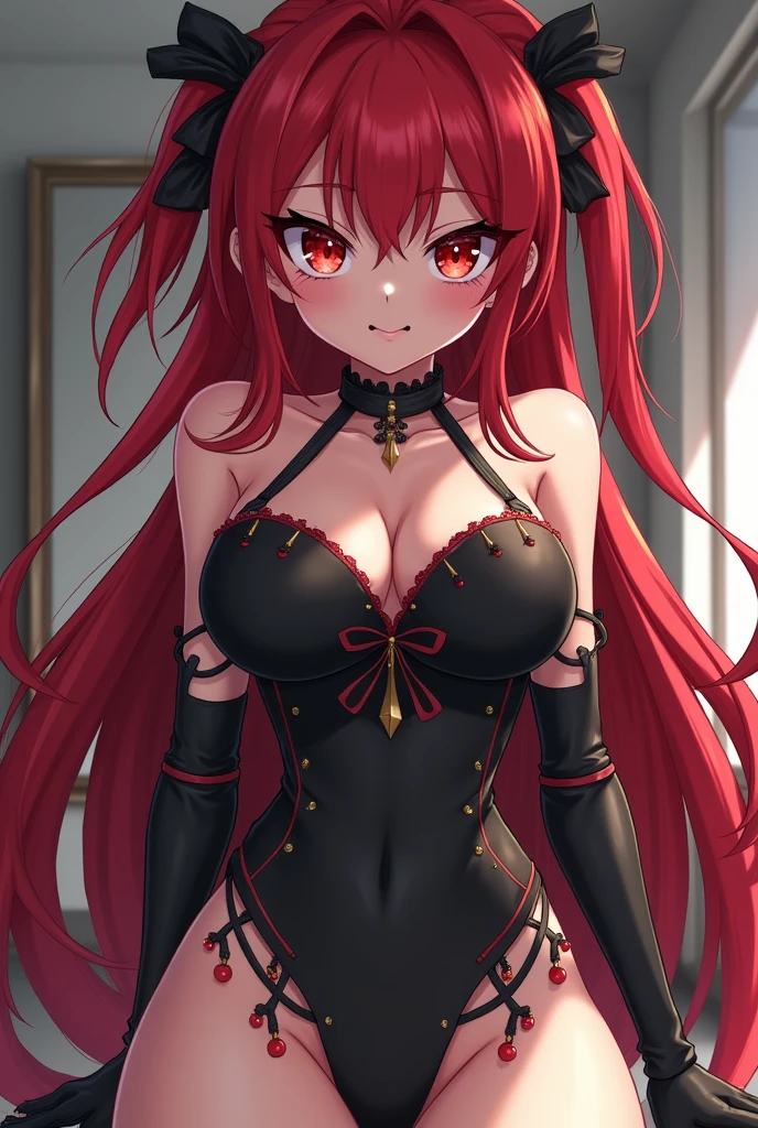 eris, 1girl, solo, long_hair, pigtails,breasts, blush, open_mouth, bangs, red_eyes, leather leotard dominatrix costume, hair_between_eyes, bare_shoulders, very_long_hair, collarbone, ahoge, red_hair, small_breasts, parted_lips, pointy_ears, high heel over the knee stiletto designer boots, :o, v-shaped_eyebrows, nsfw, sadic  ,cruel , dominant attitude,eris greyrat, 14 yo, young, cute, anime studio,nsfw