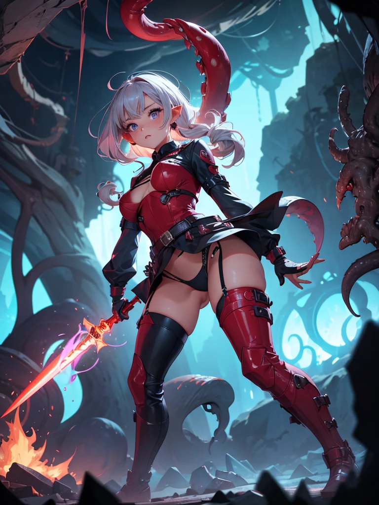 high resolution:1.7, incredibly absurdres, kawaii:1, cute:1.5, hires.fix,anime visual:1,incredibly fine illustration,8k,masterpiece:1.2,best quality, high quality, exquisite, beautiful,insanely detailed, intricate detailed, extremely detailed, Super Definition,ultra high res, Super Resolution, best aesthetic, ultra detailed:1.5,best quality, perfect face, detailed face,illustration:1.2, 8k cg wallpaper, stunning art,absurdres,octane render,ultra hires,
((perfect anatomy)),dark background, full body, standing,cute and beautiful girl,Her face is extremely detailed and expressive.kawaii,the girl exudes confidence and elegance,solo, Futuristic, dynamic pose, upward breasts,waist slender,Brown midiam hair, (((purple side-tie panties))),midriff peek,(garter belt,Stockings),arms spread, one arm raised, heavy breathing, trembling, Trembling with fear, a woman in a silver suit, fullbody view, ((shinie silver body suit, blue knee boots, blue long gloves, belt))
BREAK fighting stance,(swing a red flame sword:1.3),(action pose: 1.4)
BREAK ((in cave with tentacles)),((cthulhu mythos)),((from below)),(evil and dark goblins being watched),abhorrent,(on tentacle pit),(((tentacles)))