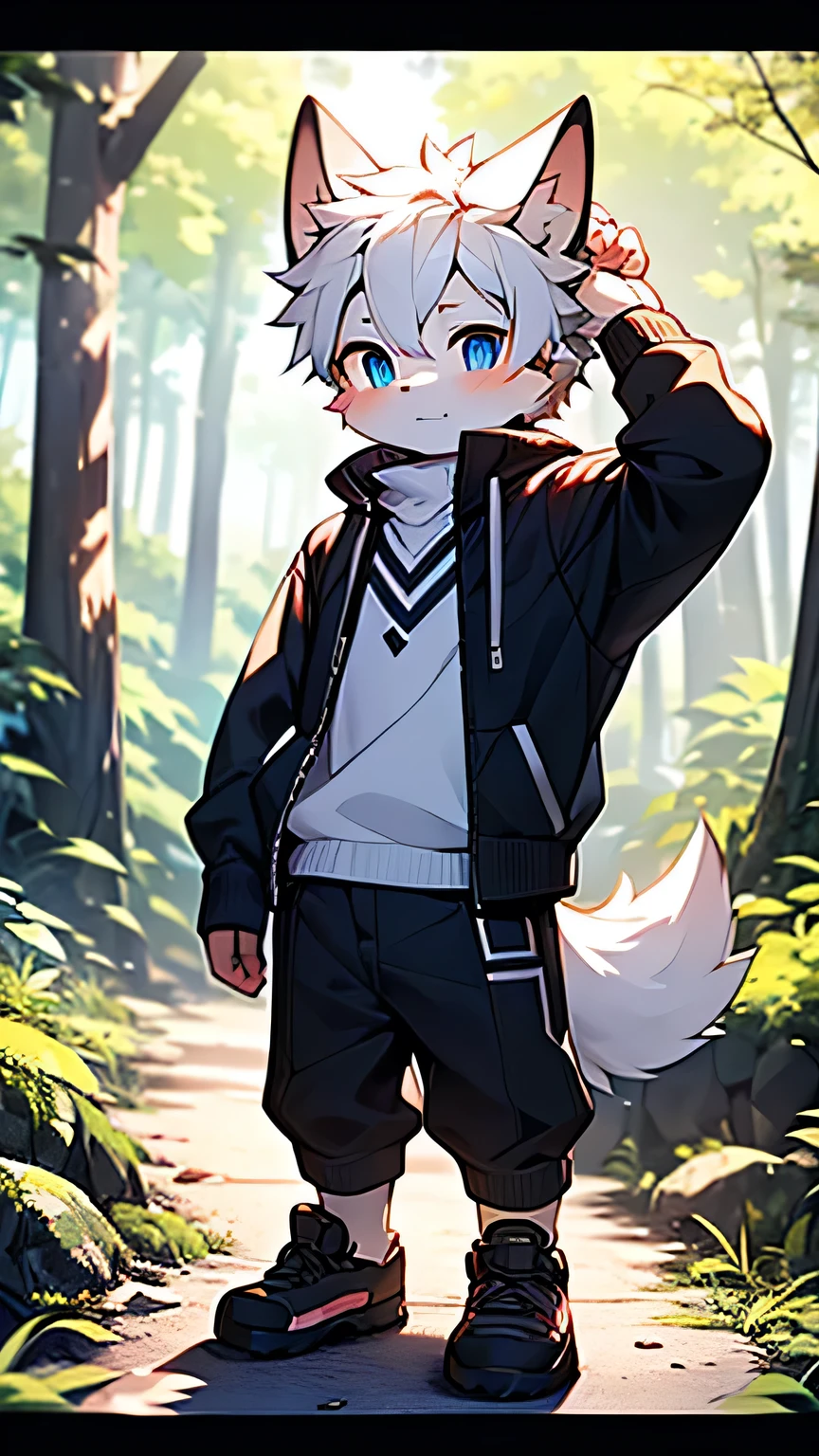 boy，Furry wolf，Blue eyes，((shota)), Black and white hair, Good figure, Handsome，cute, Light：Ultimate Light, Anti-Light Skin,Reddish skin，The ultimate face，((Worn clothes，Commoner)) ，((Deep in the forest，Stone road，sign，独奏，alone))，Outdoor sunset，((detail))，（Depth of Field），stand up，full-body shot

