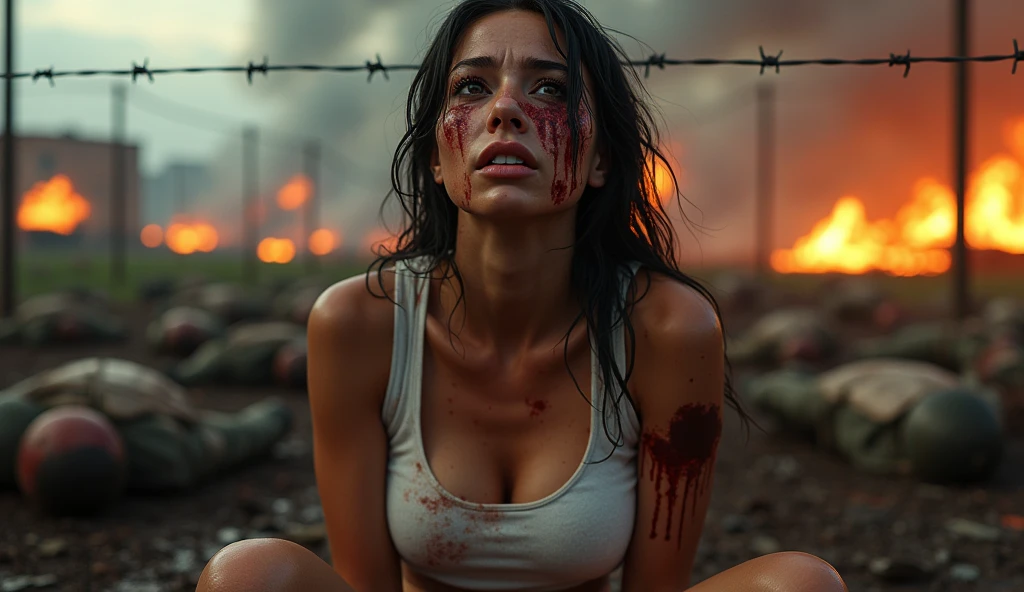 Best quality, masterpiece, ultra high res, photorealistic:1.5, raw photo,ultra reality, sexy woman crying, natural big breast,crazy expressions,sitting position as if being executed, sweaty, wet hair, bloody and bruised, barbed wire, white tank top, on the bloody battlefield, explosions, fires, many abandoned human corpses, city background, very realistic