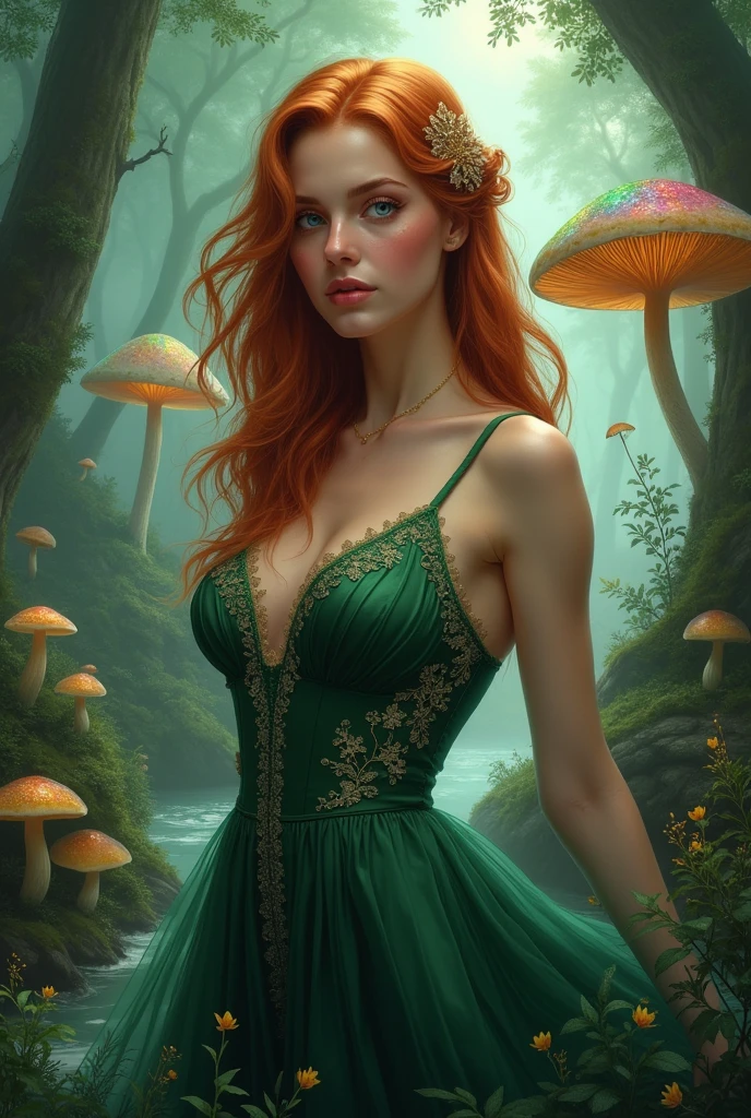 (solo, full body photo:1.3), (action packed:1.3), (haze, fog, mist:1.3), chiaroscuro, best quality, photorealistic, 1woman, (cute), (24yo:1.2), super red redhead, long ginger hair highly detailed, 1700'S, digital photography, art by artgerm and ruan jia and greg rutkowski surreal painting gold butterfly filigree, broken glass, (masterpiece, sidelighting, finely detailed Fashionable eyes: 1.2) (perfect oval large eyes that gazes at the viewer), beautiful detailed face, blue gorgeous perfect eyes, (blonde hair ponytail), (attractive young woman:1.3), (thick amazing hair), (:1.1), (blushing:1.1) giant breasts. Green silk dress with lace and gold threaded accents. Magical ethereal ancient deep green forest. Small winding river through the forest. Large magical multicolored glowing mushrooms. Medieval dress. Fantasy. Realistic