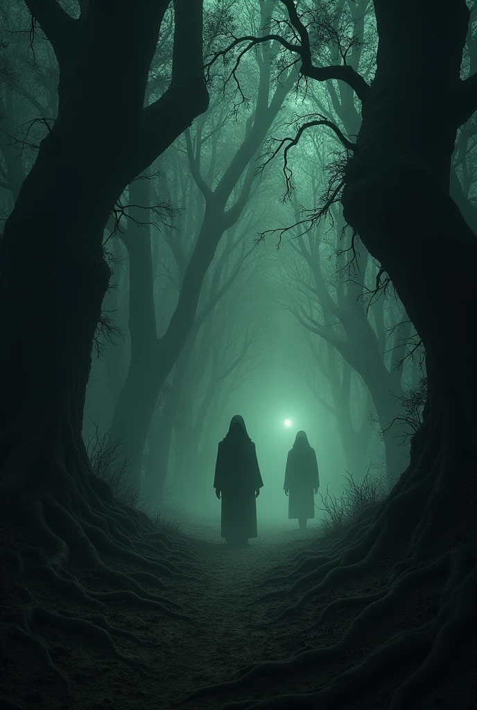 "A dark, mysterious forest scene with shadowy figures and strange lights glowing faintly between the trees. The atmosphere should be tense, suggesting something unseen and menacing lurking in the woods."