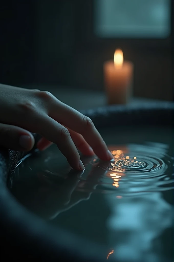 Generate a close-up of a hand touching a mirror that looks like a water, dark background with a candle light.