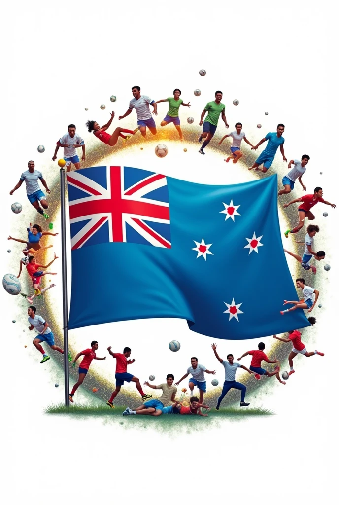 Make me a picture where there is a white background and the fiji flag is in the middle and all the different sports are surrounding the fiji flag in a curcle