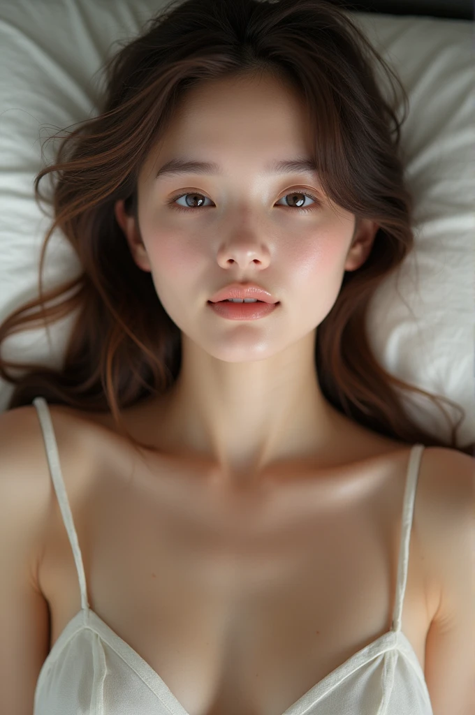 A beautiful fair girl lying on bed 10 selfies in a collage ,no makeup with smile with closed lips very realistic ,bra pic with collar bone