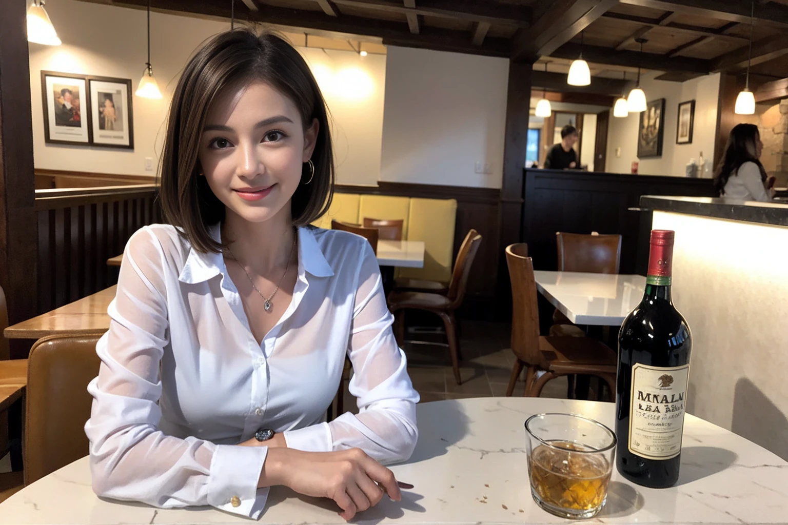 ((Highest quality、8k、masterpiece:1.3))、Whiskey bottles、The Macallan、Joni Black、Old Parr、whiskey、Suntory、Nikka、slimカップル、modelカップル、(Realistic, Intricate details:1.2), full-course dinner、Whiskey bottle and glass on the table、Single Malt、scotch、Rocks glass、Shot Glass、On the rock、Scotland、Amazing view of the sunset sky and clouds、A bright smile、The wonderfulness of smile、 Beautiful Face, blue eyes, The light shines on your face, blush, short hair,Bright Face、 (Age 37), 3,Two beauties、Brown Hair、Shortcuts、Long sleeve shirt、dress、Beautiful woman 1, (slimな顔), (The body is slim), (Brown Hair), (Shortcuts), cheeks turn a little red,Attractive beauty、restaurant, In a prominent place (From the waist up) Nova Frog Style, actress, model, Upper Body, White wine, slim, smile, (smile: 1.15), Beautiful fine grain, Depth f/2,saturation, High Contrast, Strong light and shadow,Moist Body:1.5、3D texture、Delicate eyes、Brown Hair、The hair is very shiny、