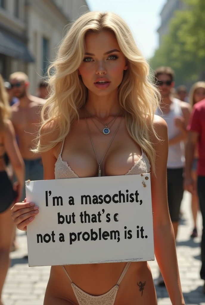 She is a beautiful, angelic girl. Beautiful wavy blonde hair. Brown eyes. Big breasts, sexy expression, half-open mouth, sexy peeking tongue, she is holding a placard in her hand. Half-open mouth, sexy tongue peeking out. Sexy outfit with great cleavage. She holds a white placard in her hand. "I'm a masochist, but that's not a problem, is it?"It is written.Upper body photo. Daytime. Lots of passersby. A great masterpiece. Super detailed image.
