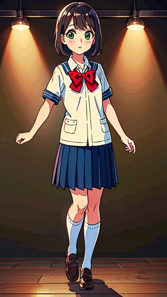 ((high quality)), ((masterpiece)), 8k, -old girlight rays, extremely detailed, 8k wallpaper, ((full body)), european school uniform, (background british school), kawaii, cute girl, brown hair, chanel short hair, green eyes, tiny girl,ldren, kid