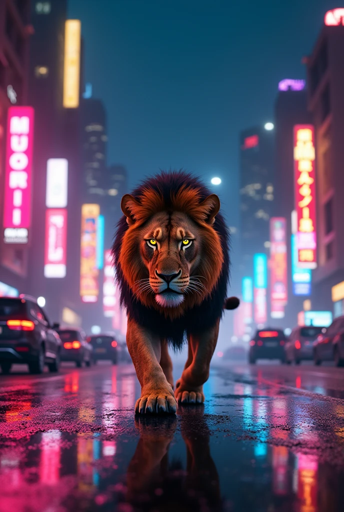 Lion and neon lights roaming on the road of Mumbai city