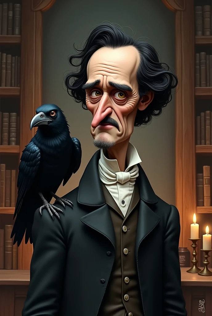 Caricature of the writer Edgar Allan Poe with a black-feathered raven on his left shoulder, background library 