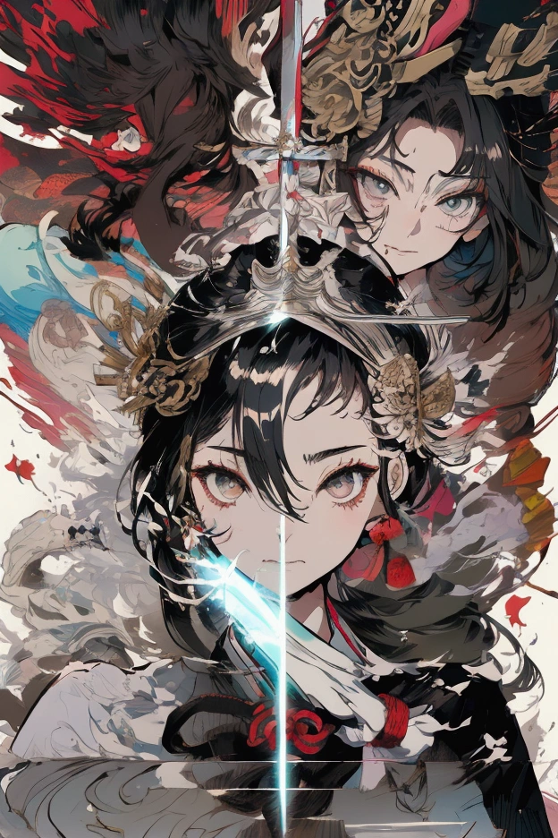 Character Design Character Reference Sheet Concept Character black and white manga style Taisho Romance action Japanese sword man Women samurai delicate whole body full body
