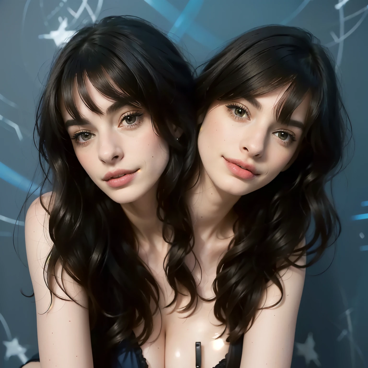 (2heads:1.2), two women in black dresses posing for a picture in front of a blue wall, beautiful gemini twins, beautiful gemini twins portrait, beautiful sci - fi twins, anne hathaway, sisters, twins, one is a brunette, with a twin, artwork”, artwork ”, promo shot, both have red lips, beautiful girls, brunettes, two, two girls, beautiful women