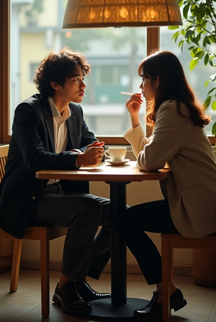 Photography of a 20 year old Asian man with long curly hair wearing a formal jacket, trousers and shoes sitting with a 20 year old Indonesian woman with shoulder length hair while smoking and drinking coffee in a cafe in the afternoon.
