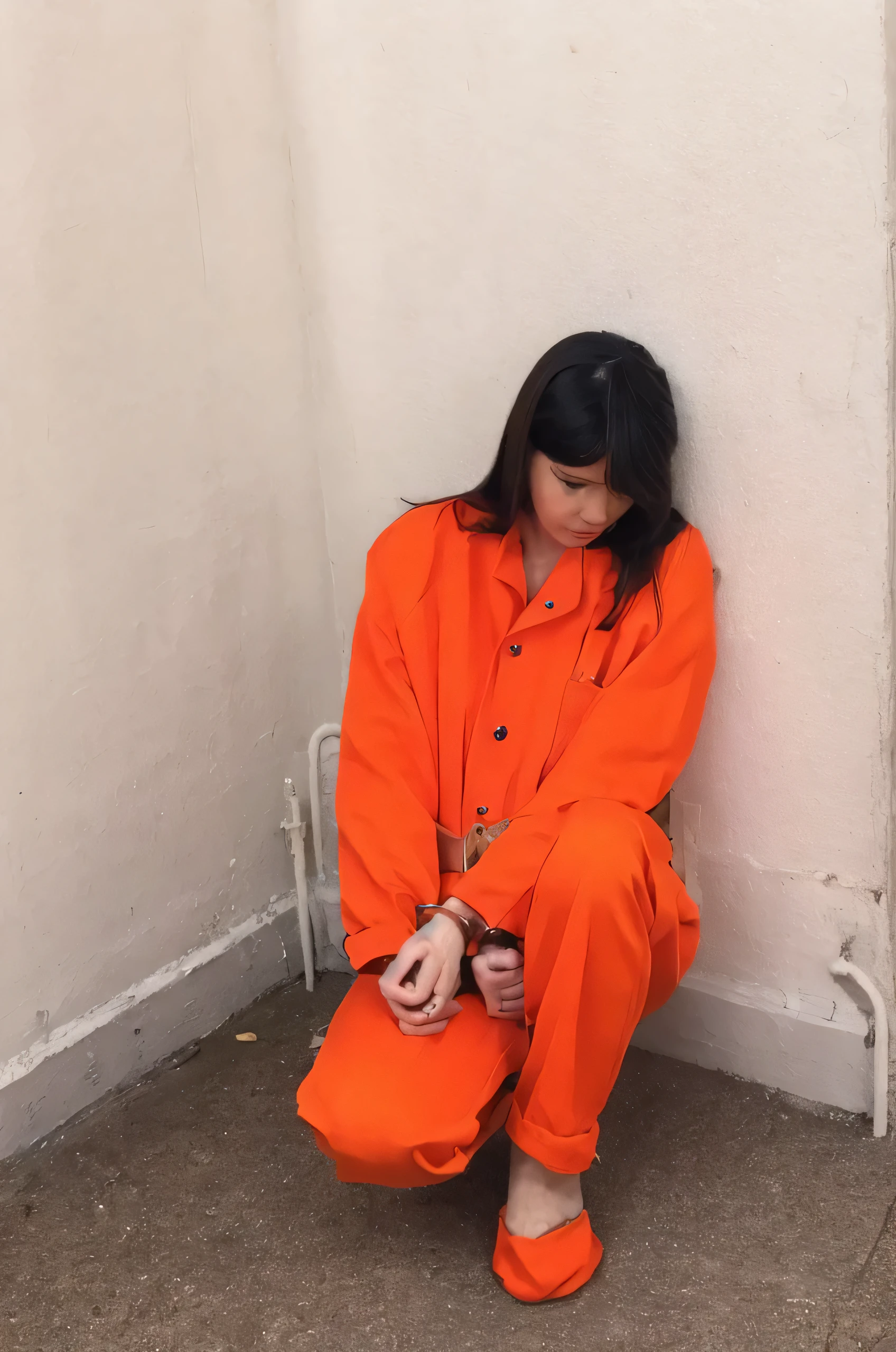 "A beautiful asian girl with long, straight black hair is wearing a brow, long-sleeved prison uniform with matching pants. She is in a women’s prison, kneeling in a dimly lit prison corridor. Her hands are cuffed in front of her, and she is wearing plain rubber slippers on her feet. The corridor is narrow, with gray concrete walls and metal-barred cell doors lining the sides.